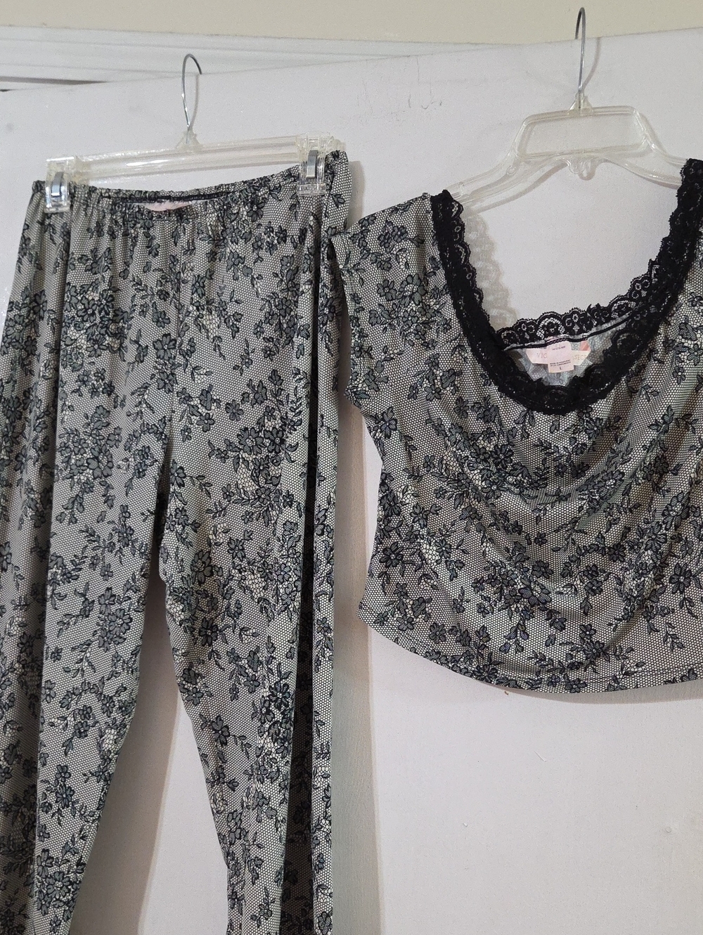 Victoria's Secret Black and Cream Floral Lace-Trim Cami & Pants Set